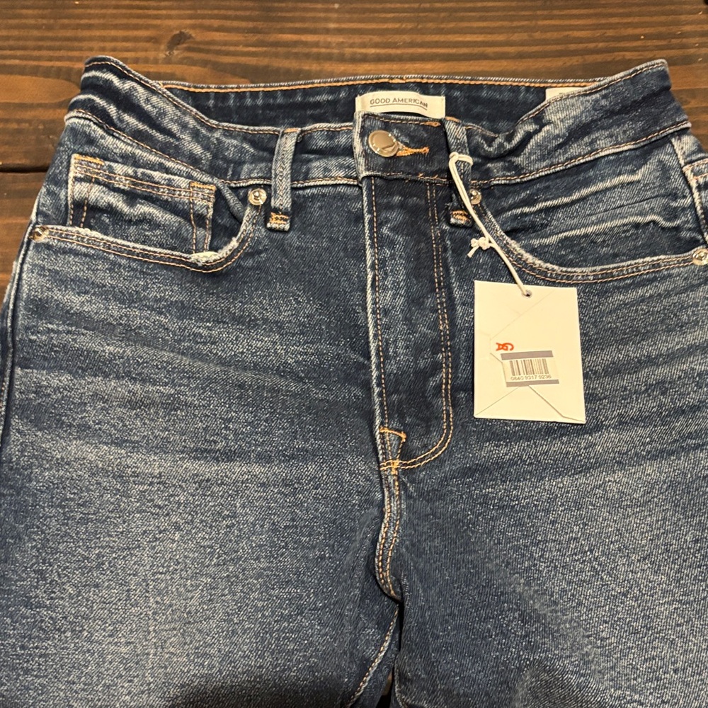 Good American Mid-Rise Dark Blue Denim Shorts